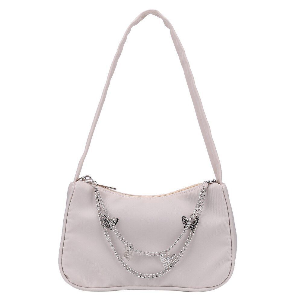 Women Small Shoulder Underarm Bag Leather Nylon Vintage Chain Zipper Handbags