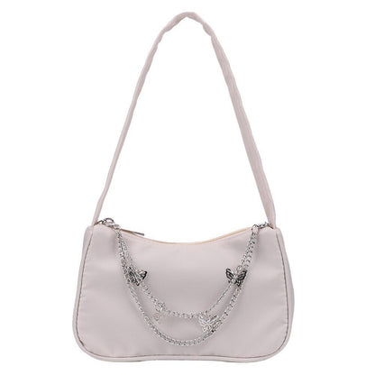 Women Small Shoulder Underarm Bag Leather Nylon Vintage Chain Zipper Handbags