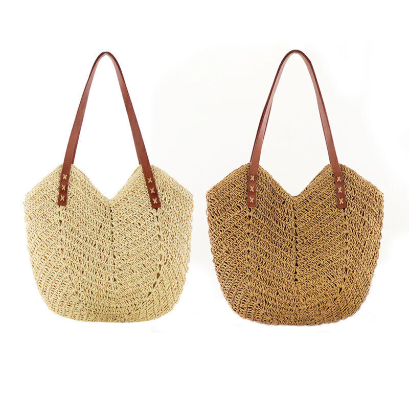 Women Boho Woven Handbag Summer Beach Tote Straw Bag Hollow Rattan Shoulder Bags