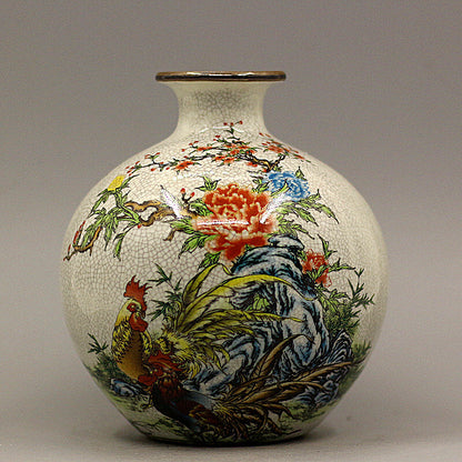 6.3" Collect Chinese Qing Famille Rose Porcelain Tree Peony Animal Chook Vase