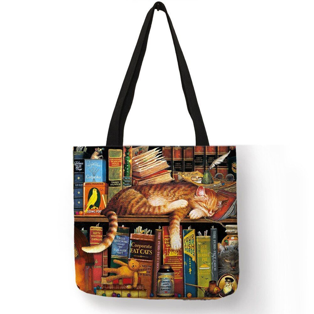 Cat Print Tote Bag Linen Reusable Shopping Bag Oil Painting Shoulder Shopper Bag