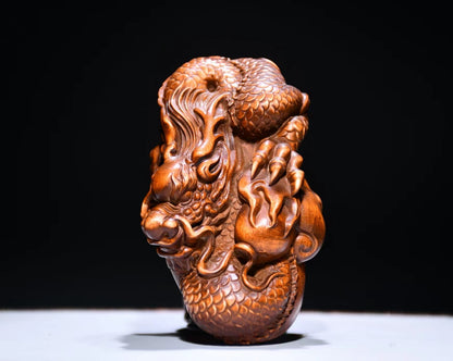 Chinese Collection Hand Carved Boxwood Wood Dragon Statue hand piece