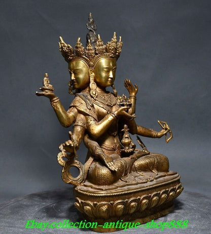 12" Old Tibet Bronze Gilt 3 Head 8 Arms Namgyalma & Ushnishavijaya Buddha Statue