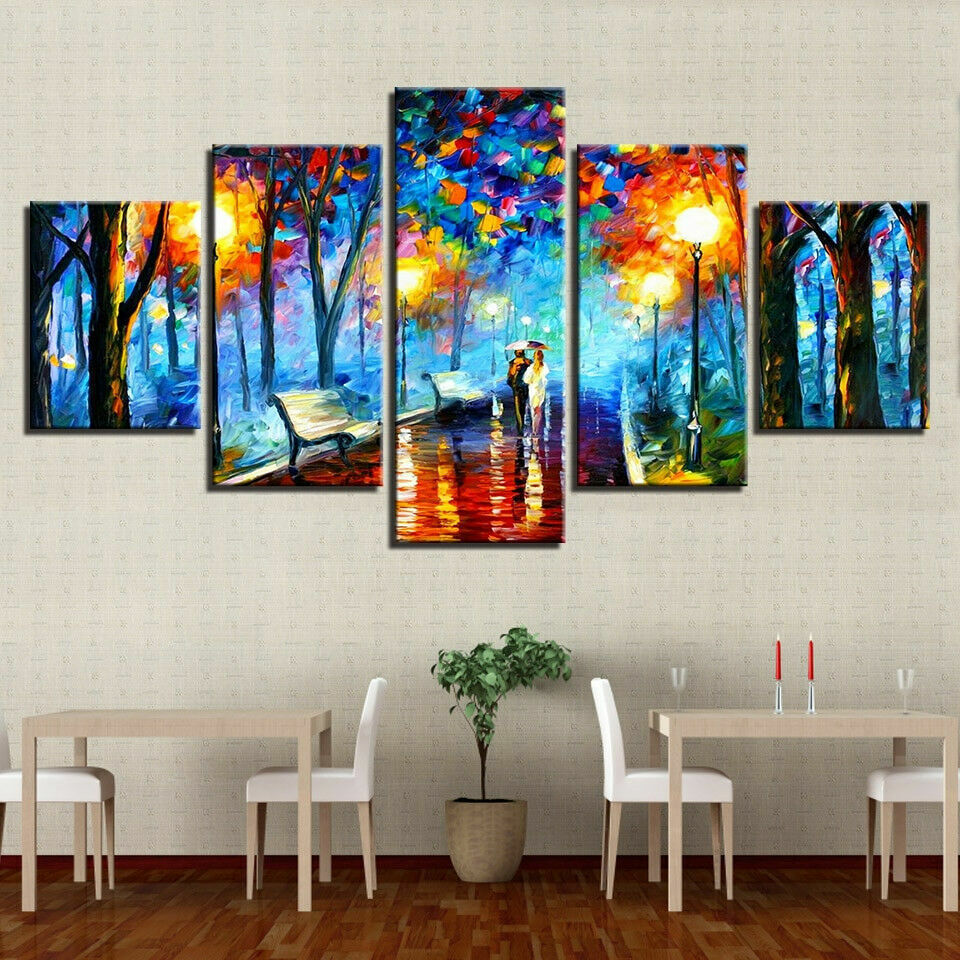Abstract Rainy Night Park Walking Couple Canvas Print Painting Wall Art Decor 5P