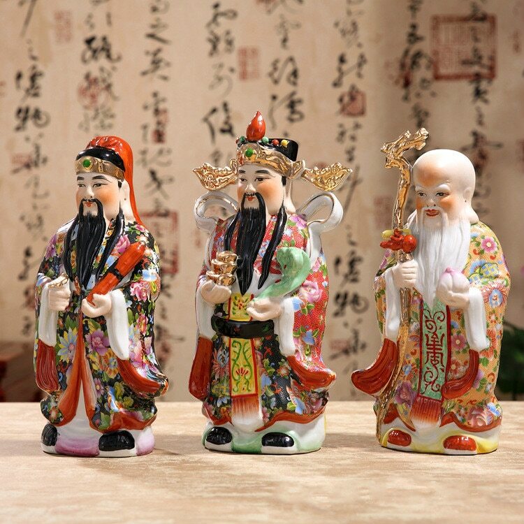 Three Gods Fortune Statue Handmade Ceramic Ornaments Painted Sculpture