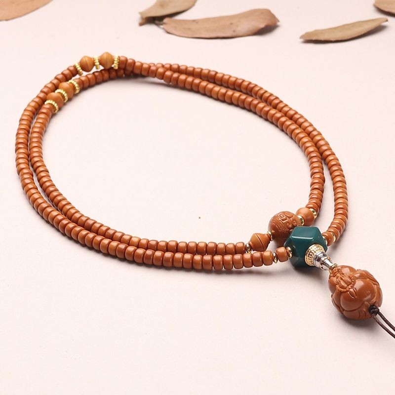 Handmade Olive Nut Beaded Necklace Maitreya Buddha Pendant Buddhist Mala