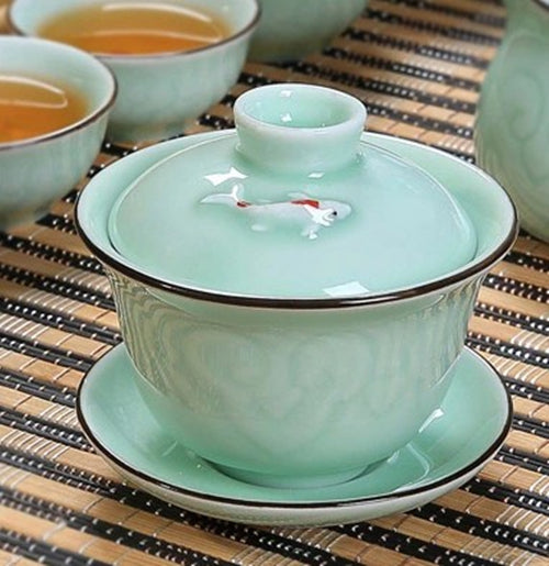 Carp / Golden Fish Relief Chinese Porcelain Tea Bowl Tea Service Cup Bowl Saucer