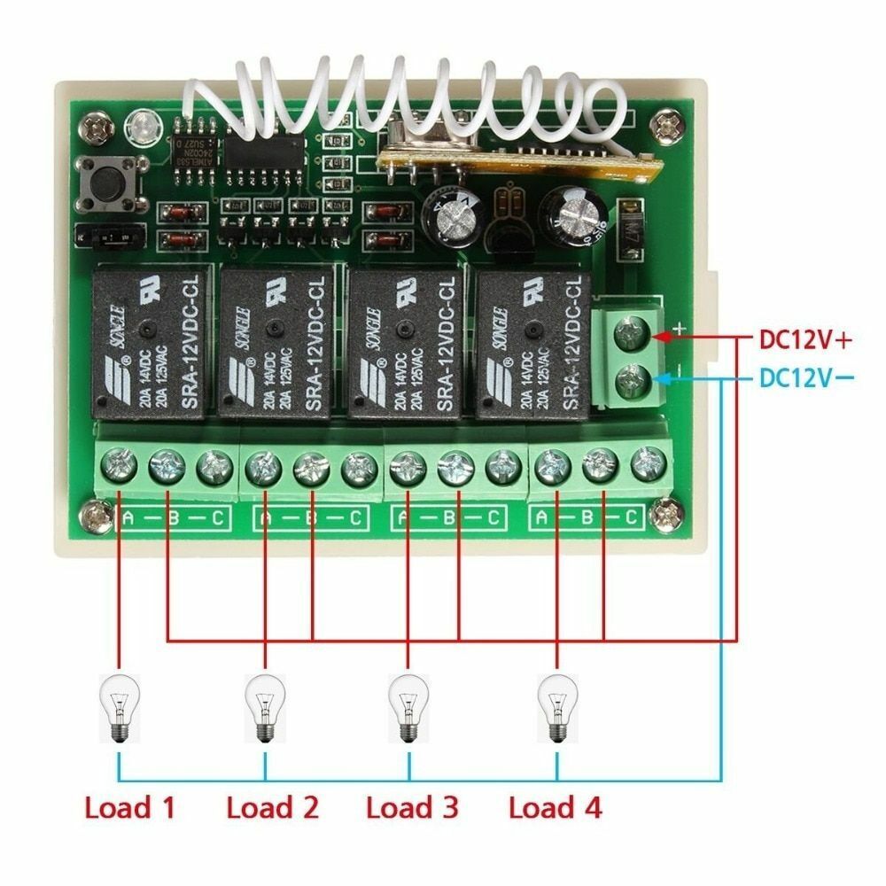 Wireless Remote Control RF Switch 433mhz DC 12V 4CH 4 Channel Relay Receiver 12p