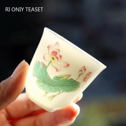 2.08" Chinese Ceramic Teacup Travel Meditation Hand Painted Lotus Leaf Tea Bowl