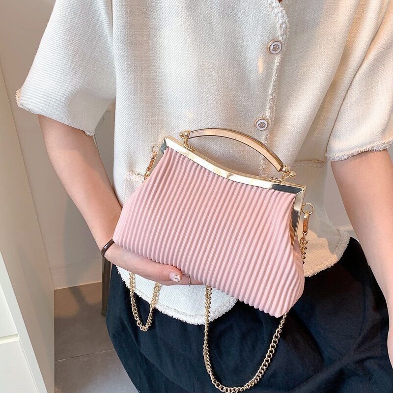 Handbag Mental Handle Pleated Shell Bag Clutch Purse Crossbody 14*23*9 CM Purse