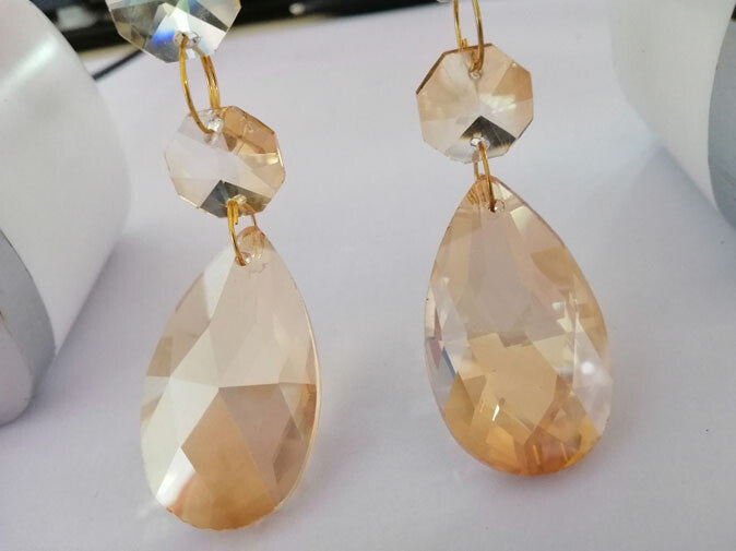 15Pcs 38mm Champagne Teardrop Chandelier Crystal Glass Lamp Prisms w/Golden Ring