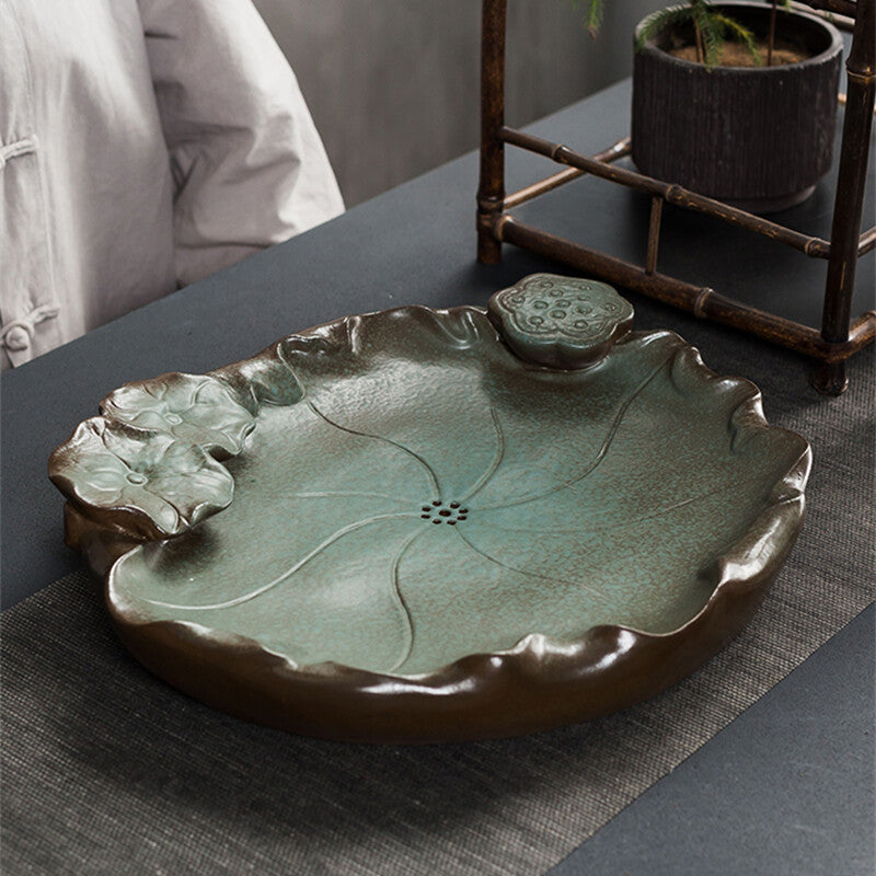 Fast Shipment Crude Pottery Tea Tray Lotus Carved Design Chinese Tea Plate New