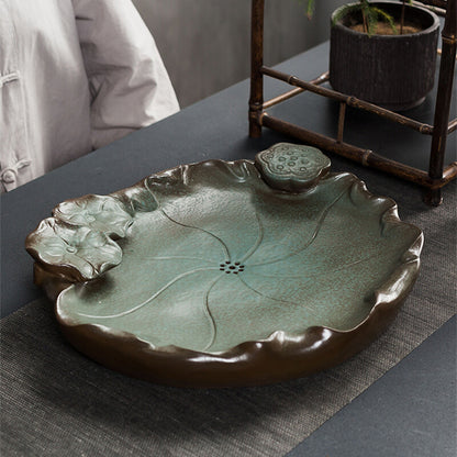Fast Shipment Crude Pottery Tea Tray Lotus Carved Design Chinese Tea Plate New
