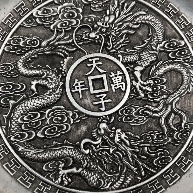 Exquisite Chinese tibet silver handcarved double Dragon plate decoration