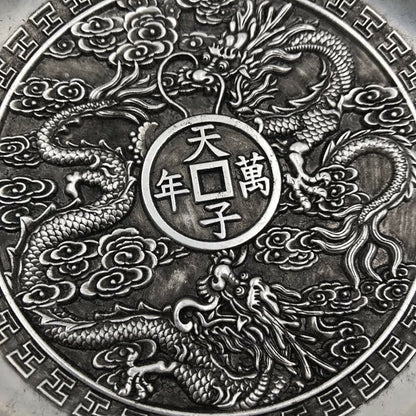Exquisite Chinese tibet silver handcarved double Dragon plate decoration