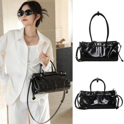 Long/ Short Handles Glossy Real Leather Tote Handbag Purse Fashion Shoulder Bag