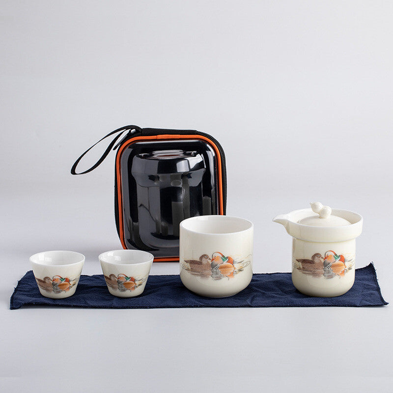 Porcelain Tea Set Pot With Infuser Holes Matching Tea Cup Portable Bag 6pcs/lot