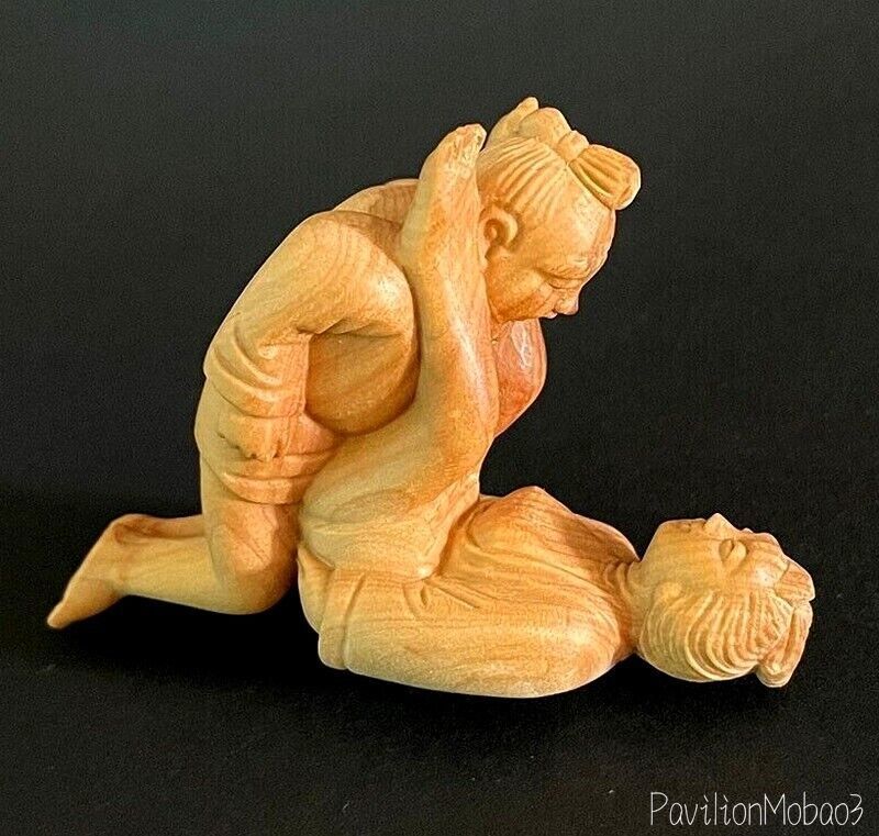 Natural Boxwood Carved Sexing Statue Couples Wood Figure Oriental Style