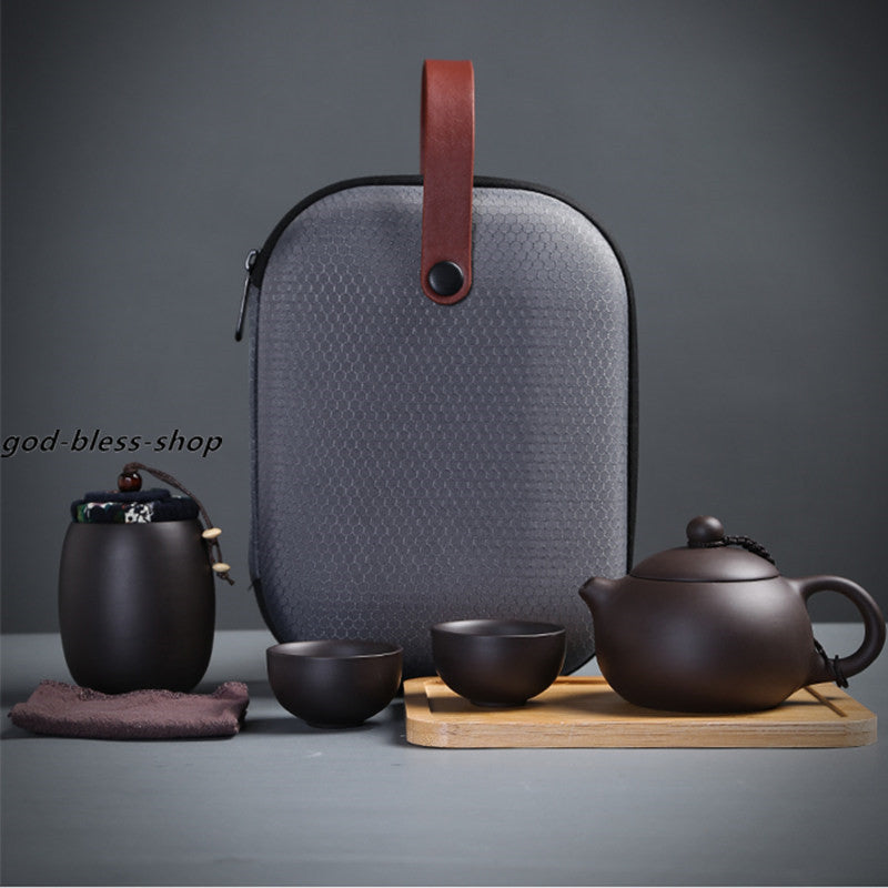 Travel Tea Set With Portable Bag Yixing Zisha Tea Pot Cup Canister Tea Plate New