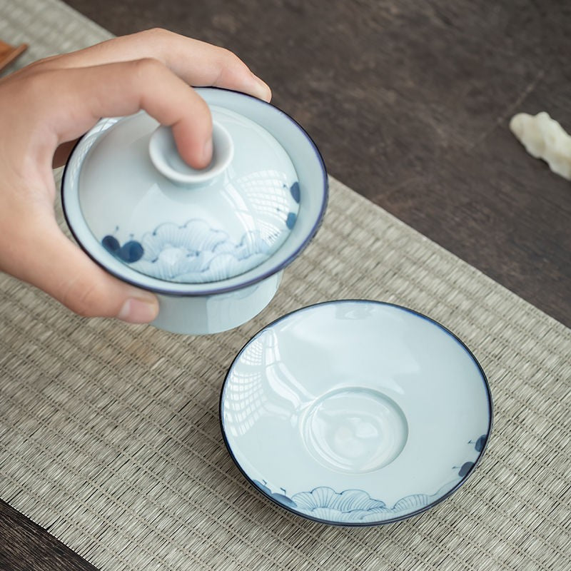 Hand Drawn Hibiscus Lid Bowl Blue and White Tea Cup Ceramic Tea Set
