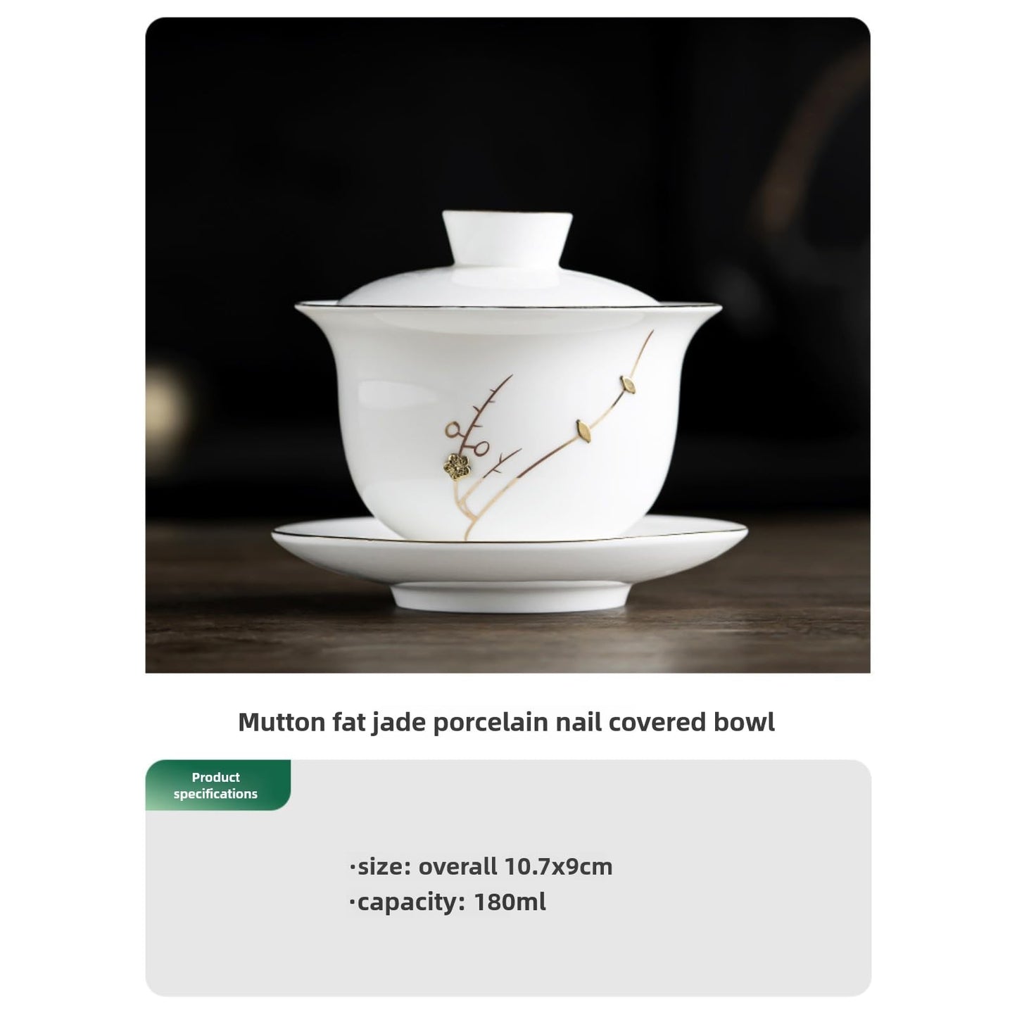 Jade White Porcelain Gaiwan Tea Cup 180ml 6.2oz Chinese Kung Fu Tea Set
