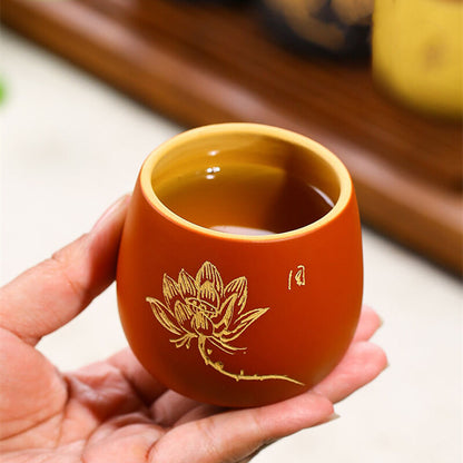 True Yixing Zisha Purple Grit Tea Cup Floral Lotus Design Handmade Master Cup