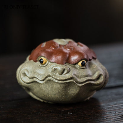 3.78" Yixing Purple Clay Tea Pet Lucky Wealth Raise Golden Toad Statue Ornament