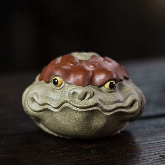 3.78" Yixing Purple Clay Tea Pet Lucky Wealth Raise Golden Toad Statue Ornament