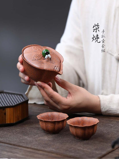 3pcs of set chinese Yixing Handmade Zisha firewood GaiWan tea cup Gongfu tureen