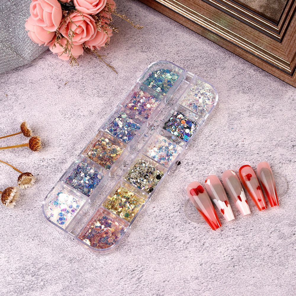 Nail Glitter Polish 12 Grids Colorful Mirror Effect Shimmer Pearl Powder Pigment