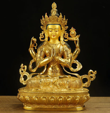 8" Chenrezig Kwan-yin 4 Arms Guanyin Divinity Buddha Statue Pure Bronze Gilt