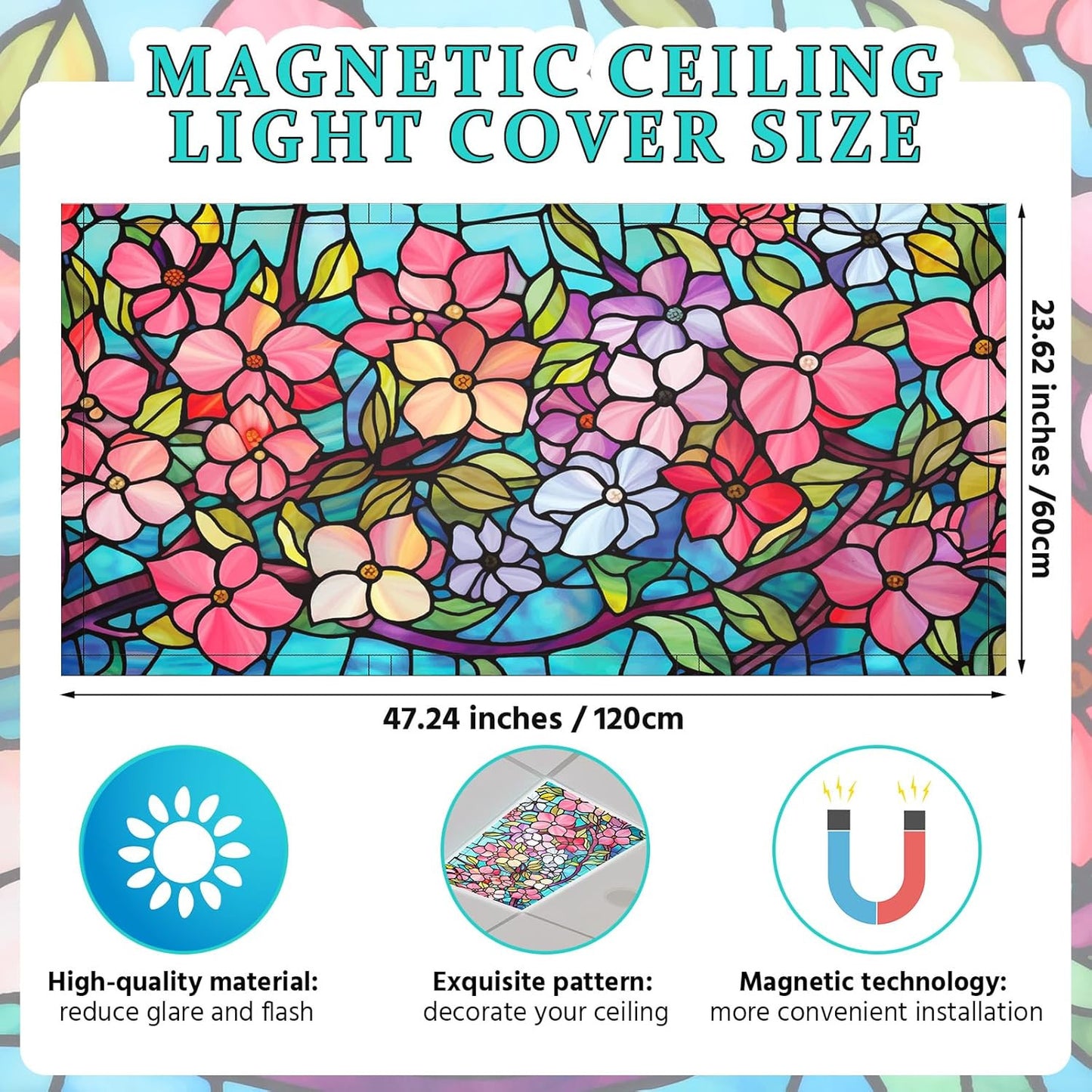 4 Pcs Colorful Floral Fluorescent Light Covers 4 X 2 Ft Stained Glass Magnetic O
