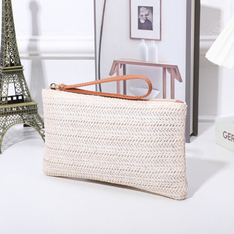 Envelope Wallet Coin Purse Straw Clutch Purse Woven Bag Beach Handbag Zipper ⌒