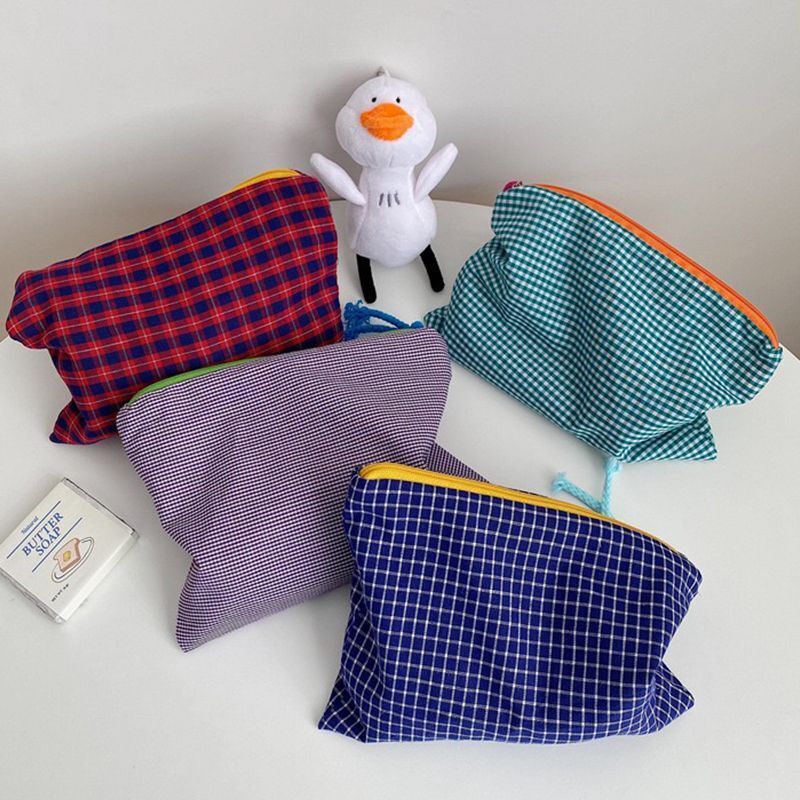 Plaid Cosmetic Bags Multipurpose Toiletry Cotton Zipper Pouch Travel Makeup Bag