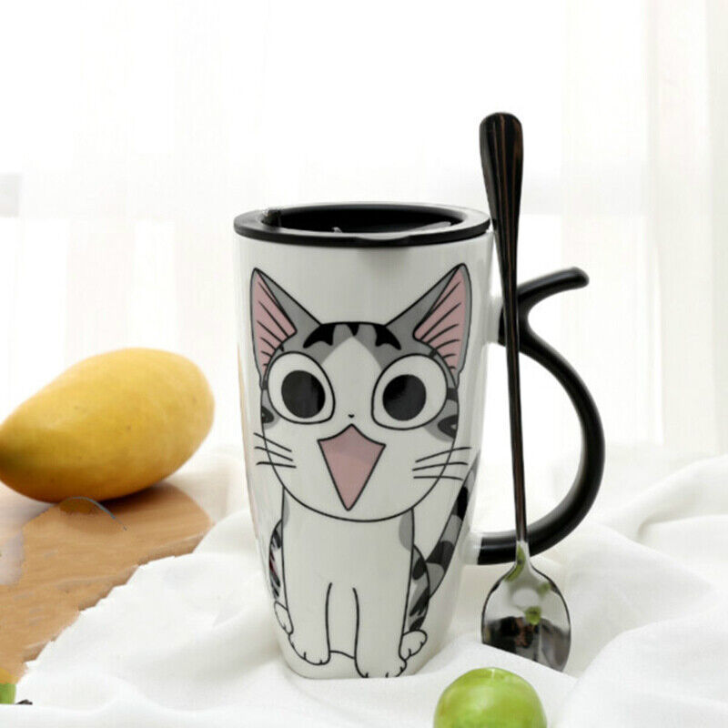 Creative Cat Ceramic Mug With Lid Spoon Cartoon Milk Tea Cup Porcelain Mug Set