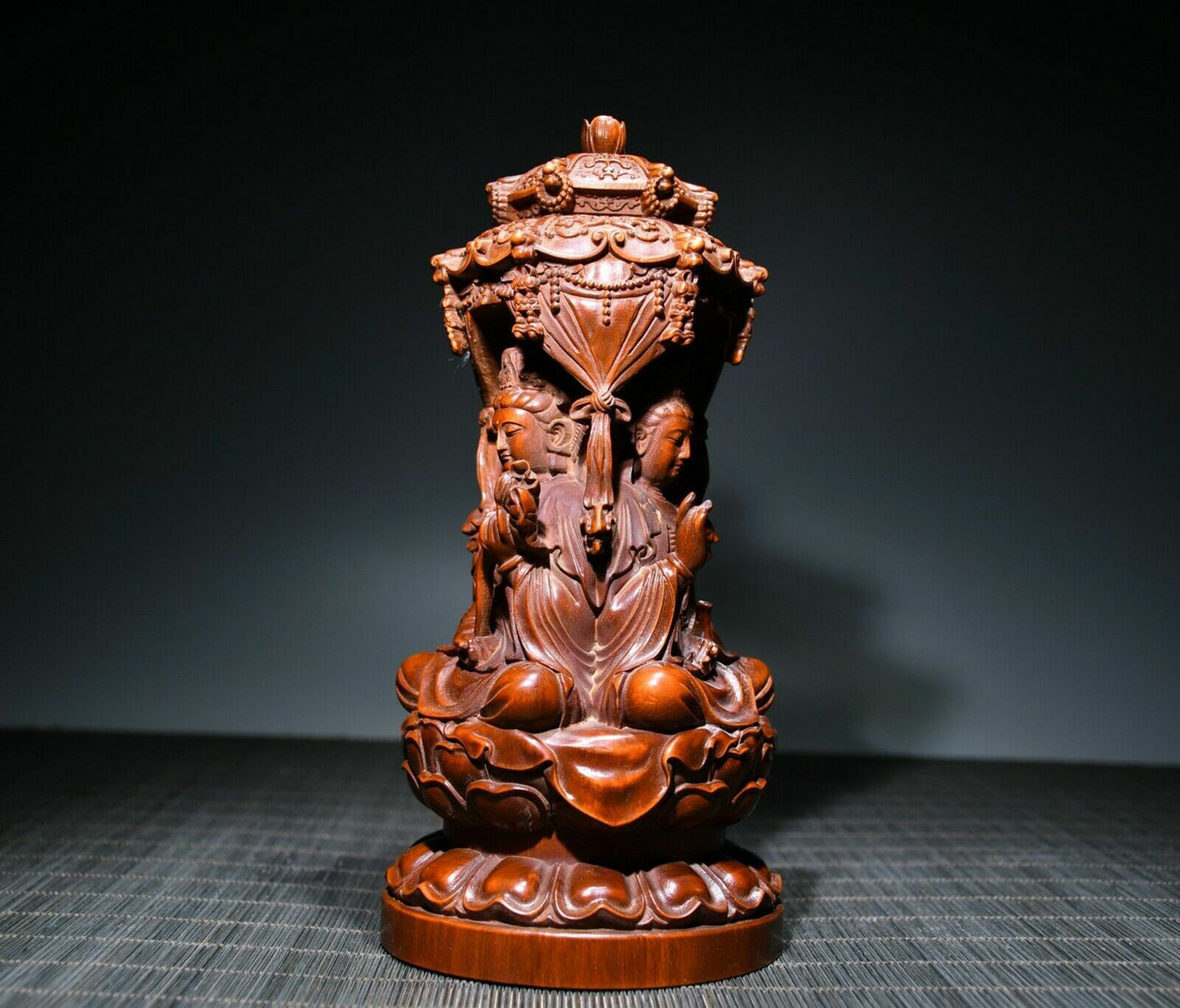 Collect Chinese Wood Carving Boxwood Wooden Sculpture Three Buddha Statue Decor