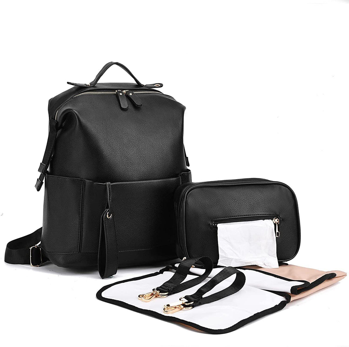 7-in-1 Baby Diaper Bag Solid PU Leather Mummy Maternity Bag Bags Changing Pad