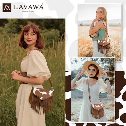 Celela Women Hair-on Cow Pattern Fringe Crossbody Handbag Shoulder Bags Purse