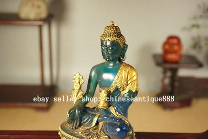 5'' Old Tibet Colored Glaze Gilt Menla Medicine Buddha Medical God Lotus Statue