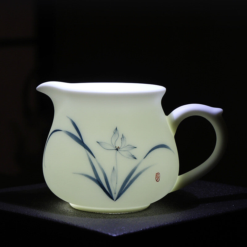 Boutique Fat Mutton Jade Porcelain Tea Set Hand Drawing Orchid Tea Pot Pitcher