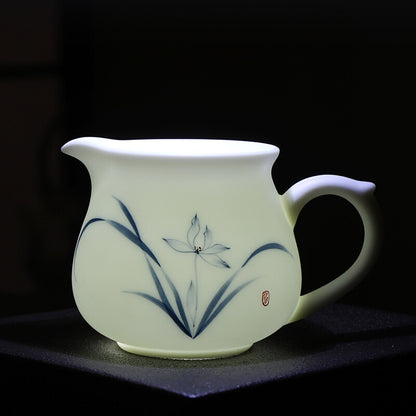 Boutique Fat Mutton Jade Porcelain Tea Set Hand Drawing Orchid Tea Pot Pitcher