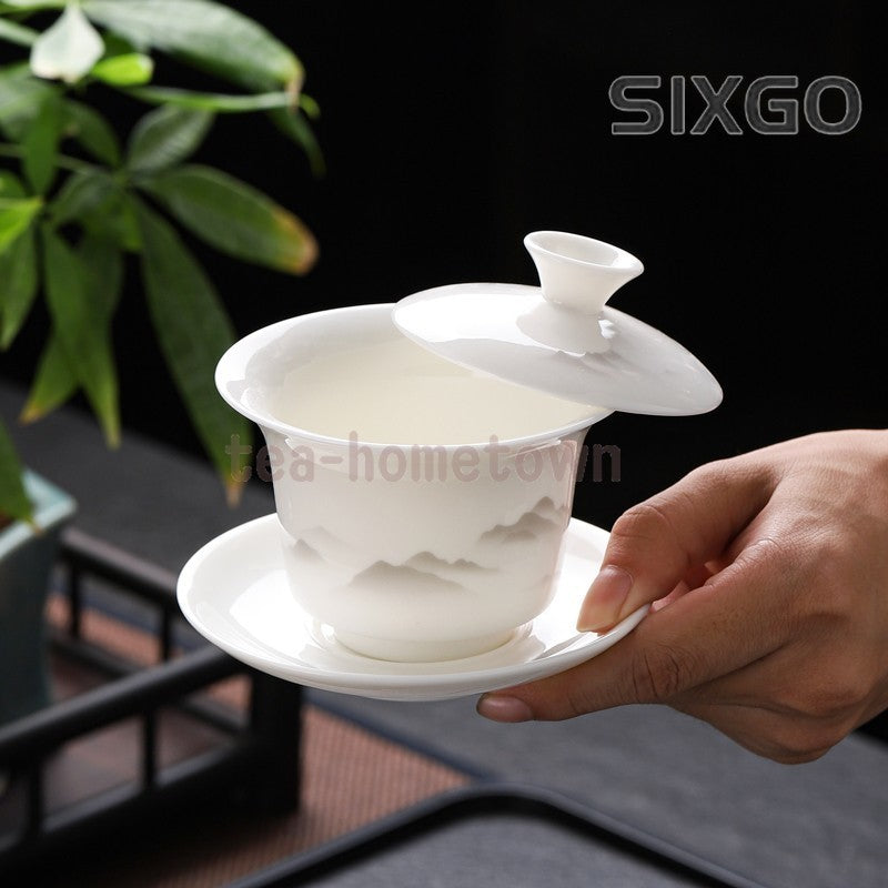 Sheep Fat Jade Porcelain San Cai Gaiwan Ink Wash Landscape Tea Bowl Household