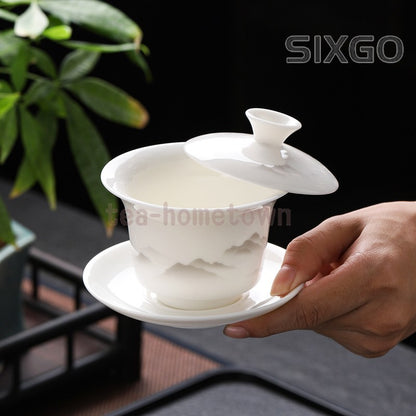 Sheep Fat Jade Porcelain San Cai Gaiwan Ink Wash Landscape Tea Bowl Household