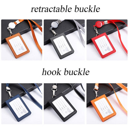 PU Leather Business Work Card ID Badge Lanyard Holder Neck Strap Cover Bags Ca