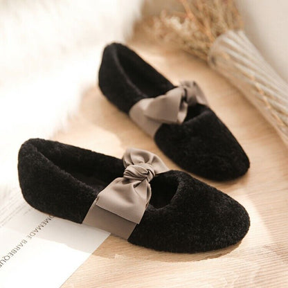 Women Lamb Fur Fluffy Bow Knot Ballerinas Ballet Flat Shoes Casual Comfort Shoes