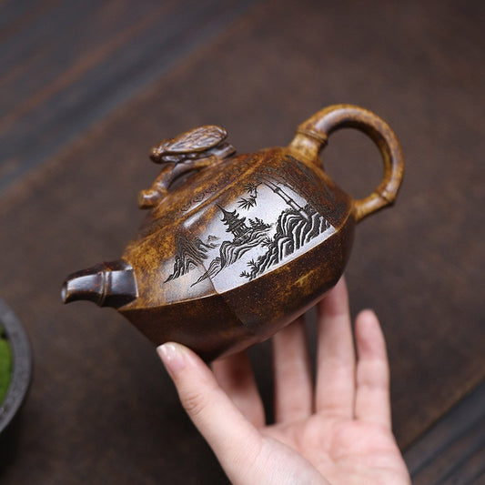 Yixing Zisha Tea Pot Original Ore High-fired Duan Clay Cicada & Bamboo Teapot
