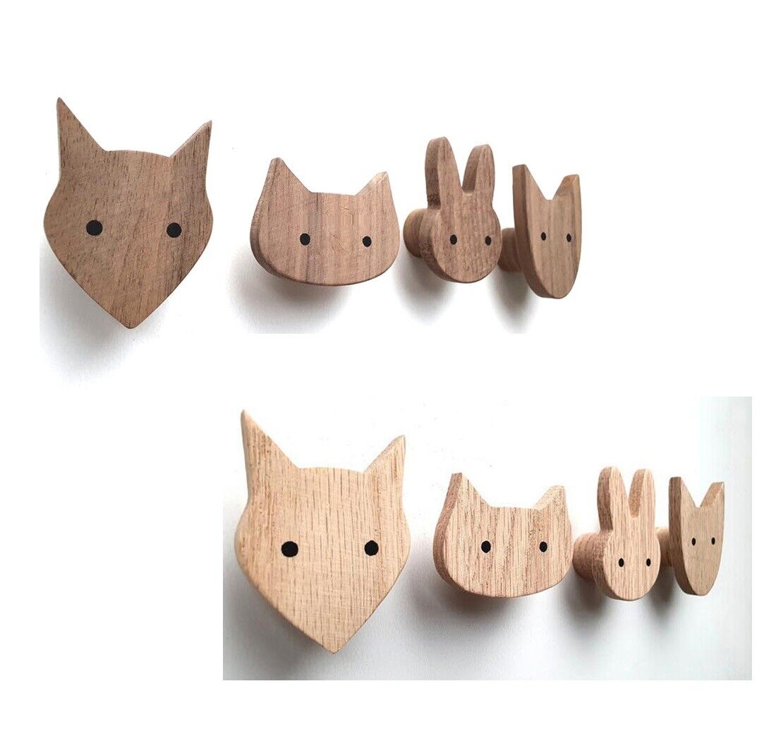 4Pcs/Pack Animal Solid Hooks Oak Walnut Wood Keys Holder Hanger Wall Decorations