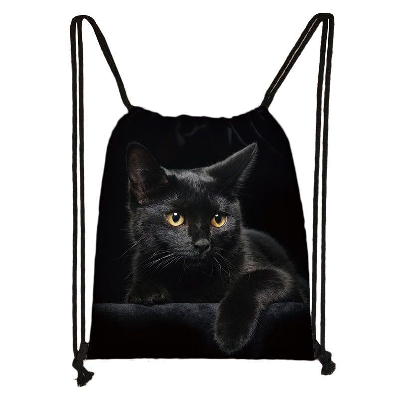 Black Cat Drawstring Bag Women Shopping Purse Canvas Travelling Bag Backpack 1PC