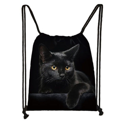 Black Cat Drawstring Bag Women Shopping Purse Canvas Travelling Bag Backpack 1PC