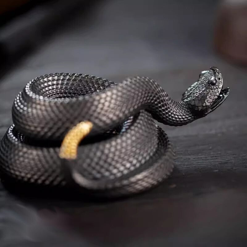 Small Black Brass Snake Statue Pen Holder Brush Rack Base Rattlesnake Home Decor